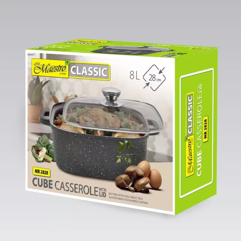 Olla con tapa Maestro MR-2828, 28 cm Ø, 8,0 L, antiadherente, para cocinas de gas, cuadrada negra