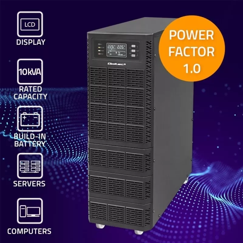Qoltec 52284 SAI sistema de alimentación ininterrumpida | 10kVA | 10000W | factor de potencia 1,0 | LCD | EPO | USB | online