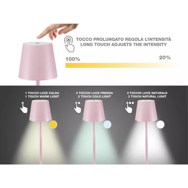 Beper P201UTP125 lámpara de mesa LED recargable, táctil, regulable, IPX4, rosa