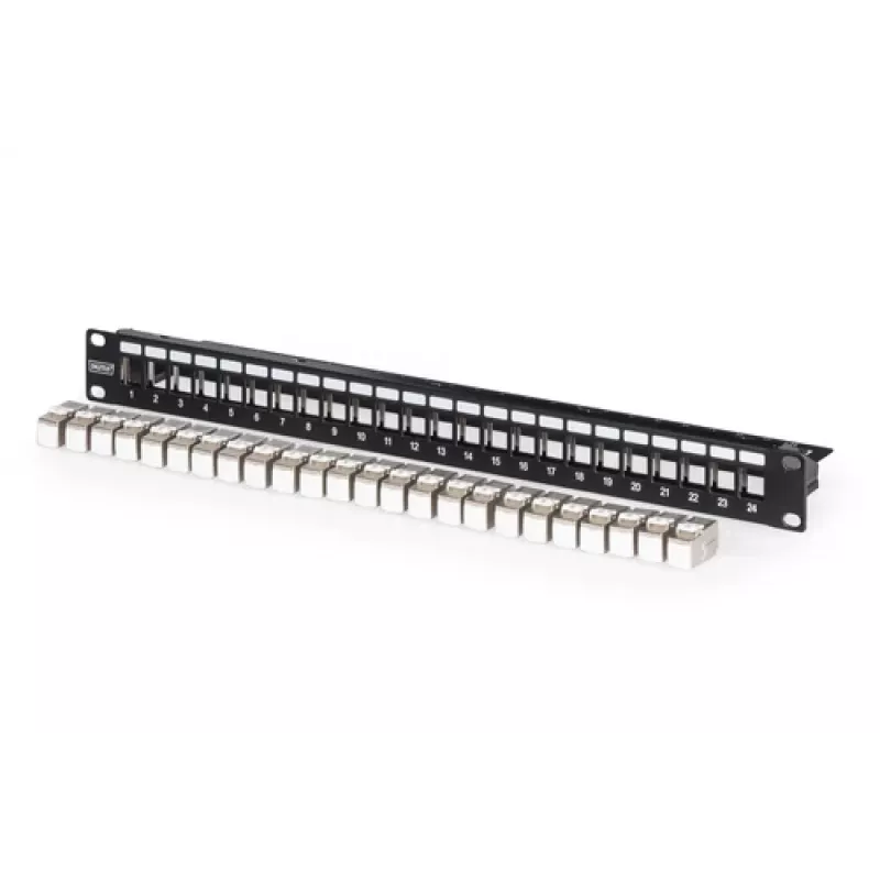 Panel de parcheo modular, 24 puertos, equipado con 24x DN-93615 (negro, 1 U, montaje en rack, apantallado)