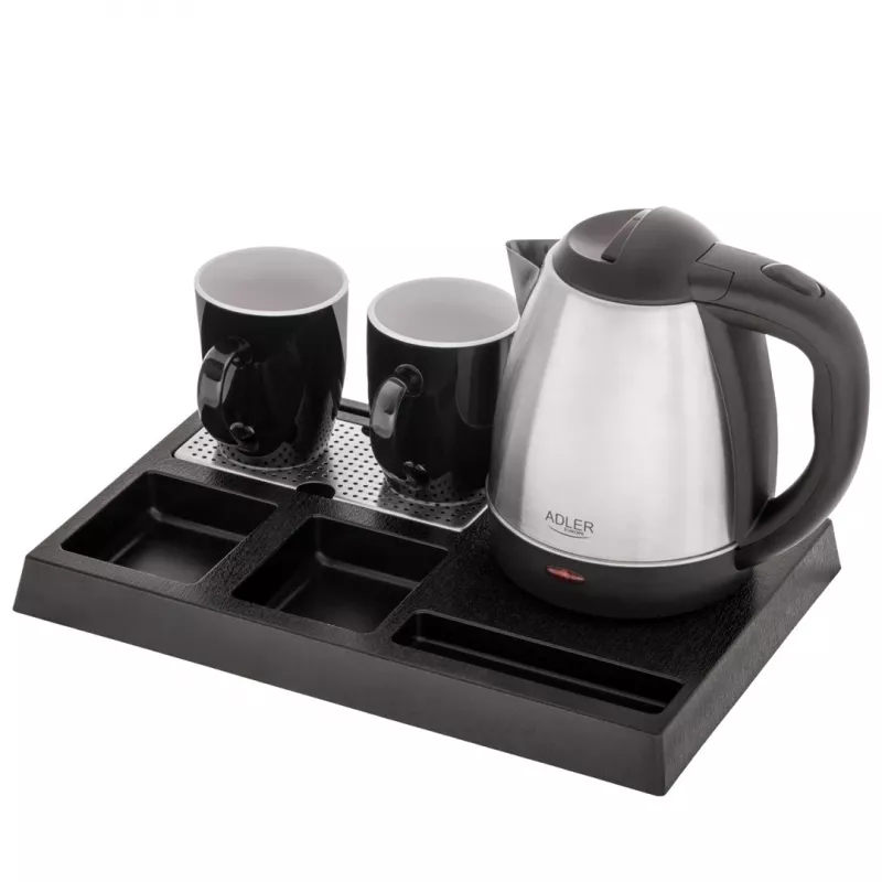 Adler AD 1354 hervidor de agua de hotel acero inoxidable 1,2 L + bandeja con tazas negro, acero