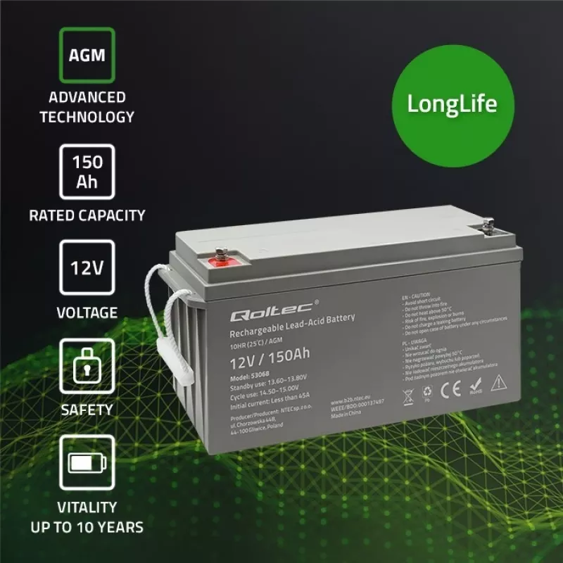 Qoltec 53068 batería AGM | 12V | 150Ah | máx. 2250A