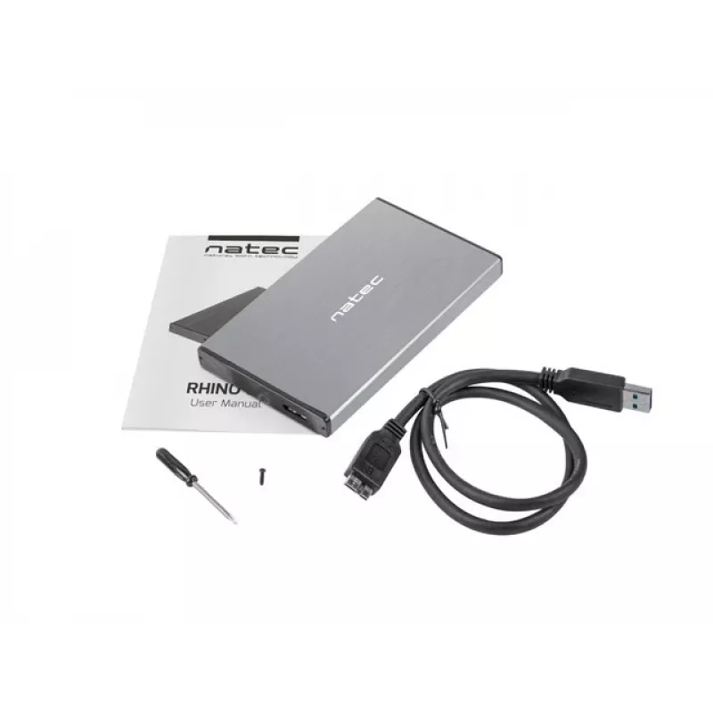 Caja externa HDD/SSD NATEC Rhino GO — 2,5 pulgadas SATA, 9,5 mm, USB 3.0, aluminio, gris, hasta 4 TB