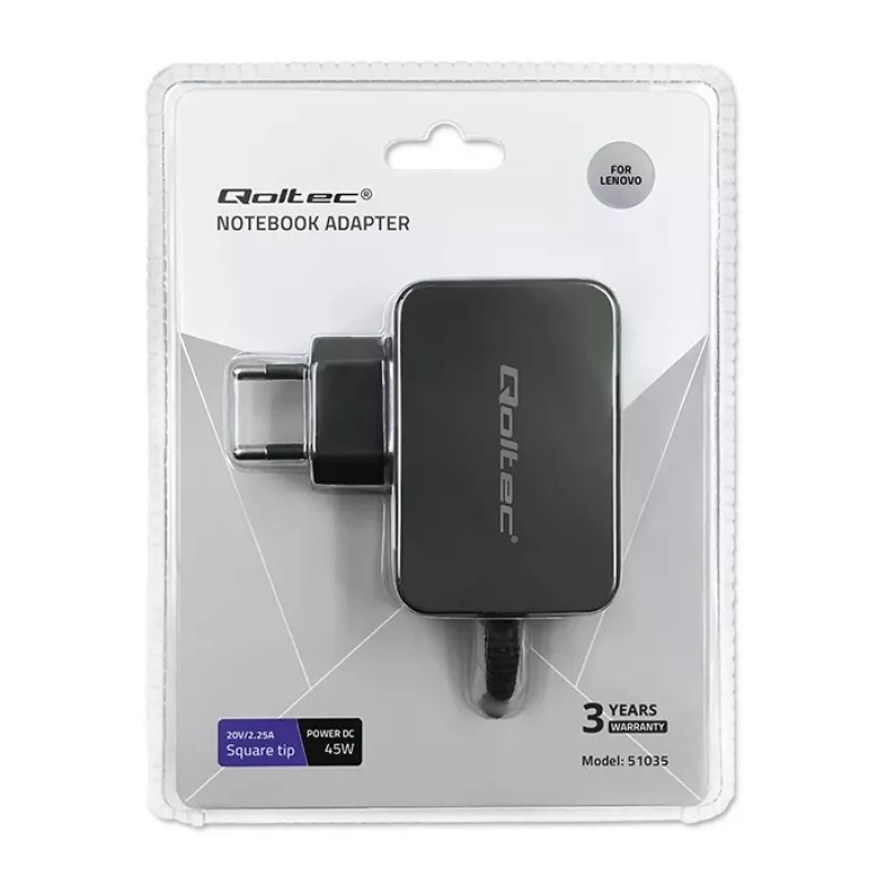 Qoltec 51035 adaptador de corriente para Lenovo 45 W, 20 V 2,25 A, Slim tip+pin, para interior, negro