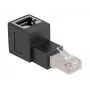 Adaptador DeLOCK conector macho RJ45 a conector hembra RJ45 Cat.6A acodado 90° (hacia arriba) negro