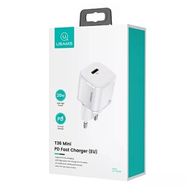 Cargador de pared mini USAMS T36 USB-C, 20 W, PD 3.0, con cable USB-C a Lightning de 1 m