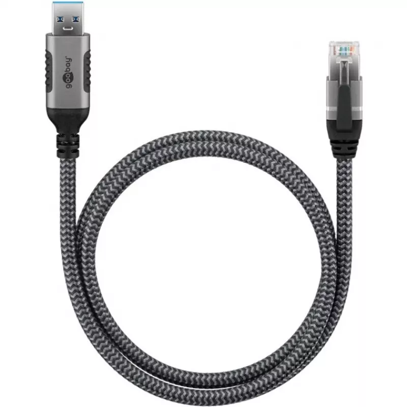 Cable Ethernet USB-A 3.2 Gen1 conector macho > conector macho RJ-45, adaptador LAN negro/plata, 1,5 metros, funda textil trenzada