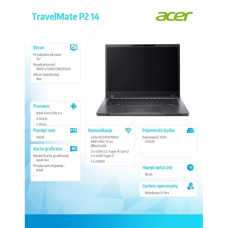 Portátil Acer TravelMate P2 TMP214-75-G3-TCO 14 inch WUXGA IPS, Intel Core Ultra 5 125H, 16GB RAM, 512GB SSD, Fingerprint, SmartCard, Windows 11 Pro, 3 años in situ NBD