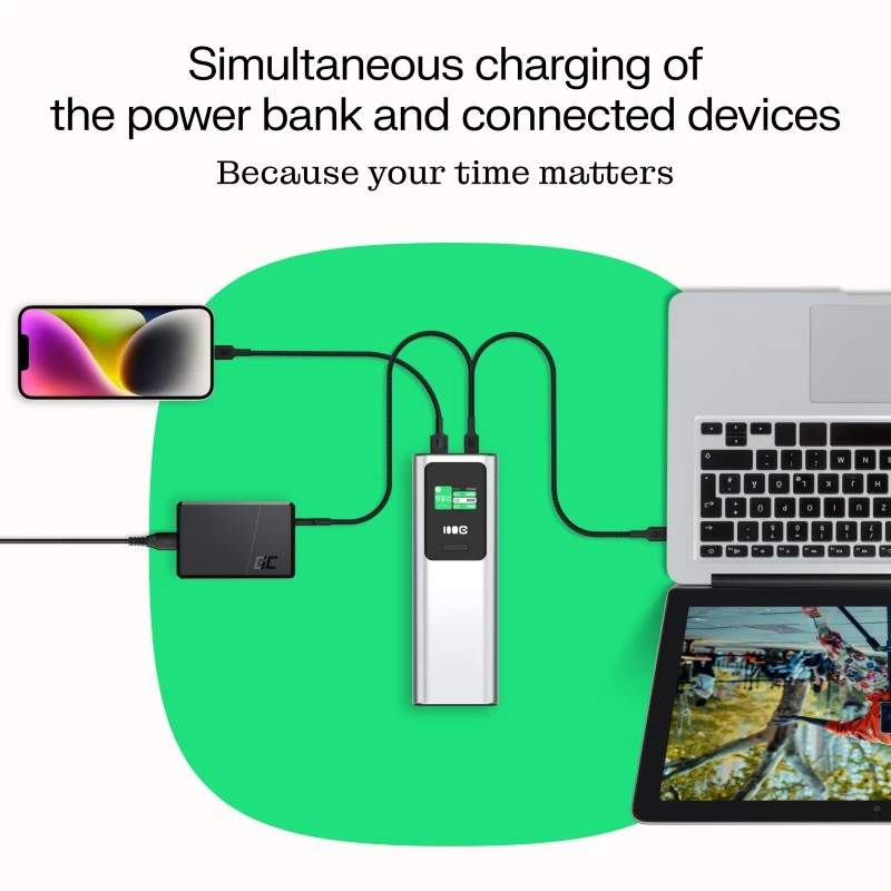Batería portátil Green Cell PBGC25UD, 25200 mAh, Li‑Ion, 140 W de potencia total, 2× USB‑C + 1× USB‑A, pantalla OLED, carcasa de aluminio