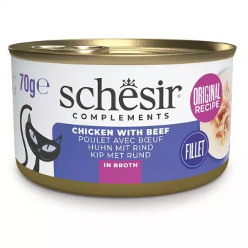 Comida húmeda para gatos Agras Pet Foods SCHESIR pollo con ternera en caldo 70 g — alimento complementario para gatos adultos, 87 % humedad, 10 % proteína