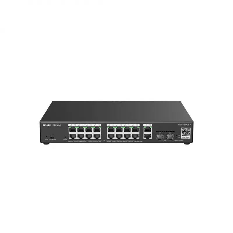 Ruijie Reyee RG-ES220GS-P switch PoE Gigabit L2 gestionable, 20 puertos (18x GE 10/100/1000, 16x PoE+, 2x SFP), 250 W, Cloud, negro