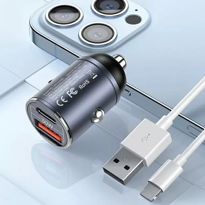 Cargador de Coche usams C38 30W — 1x USB-A + 1x USB-C Carga Rápida