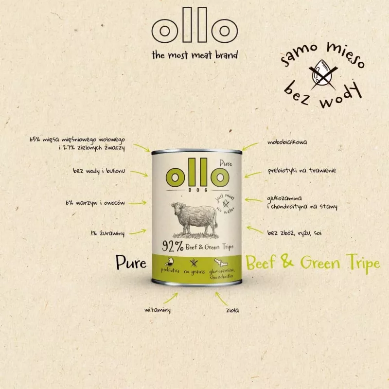 OLLO Pure Beef and Green Tripe comida húmeda para perros, 400 g