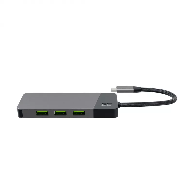 Hub USB Type-C Green Cell HUBGC01 — 7 conexiones: 3×USB‑A 3.2 Gen 1, 1×USB‑C 3.2 Gen 1, HDMI, lector de tarjetas microSD+SD — Plata