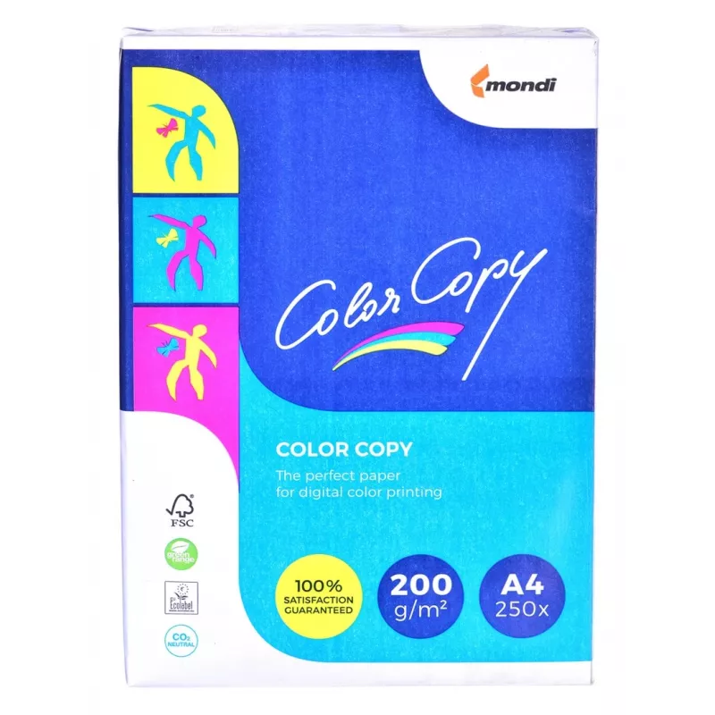Papel de copia oficina Mondi Color Copy 8687A20 (A4; 200g/m2; 250 hojas; papel blanco; satinado)