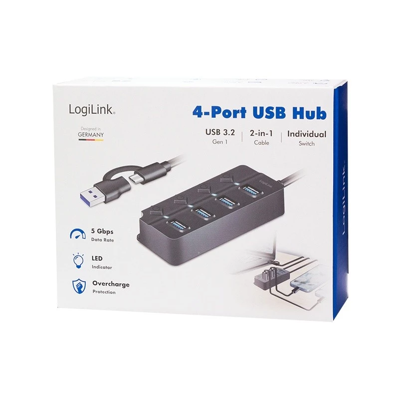 HUB USB 3.2 Gen1, 4x USB-A interruptor encendido/apagado