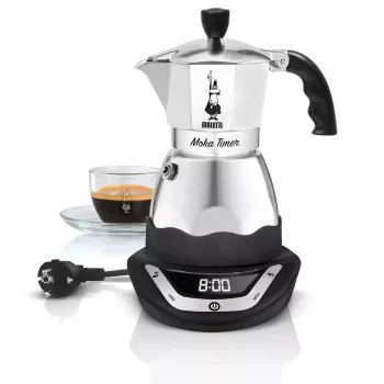 Cafetera moka eléctrica BIALETTI 3 tazas Moka Timer, pantalla LED programable, carcasa de aluminio, depósito de jarra