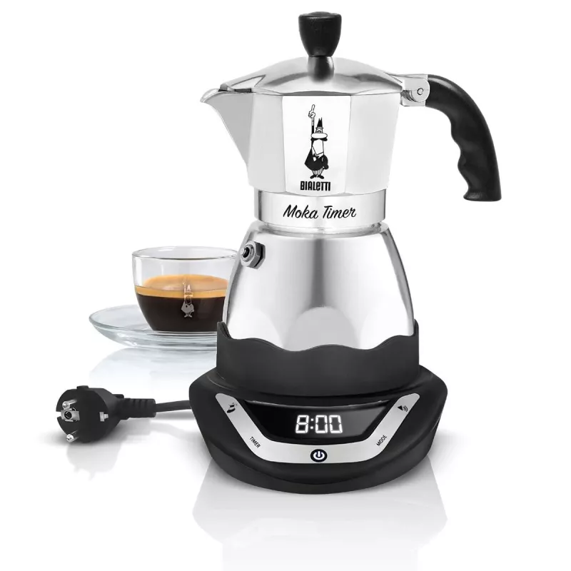 Cafetera moka eléctrica BIALETTI 3 tazas Moka Timer, pantalla LED programable, carcasa de aluminio, depósito de jarra