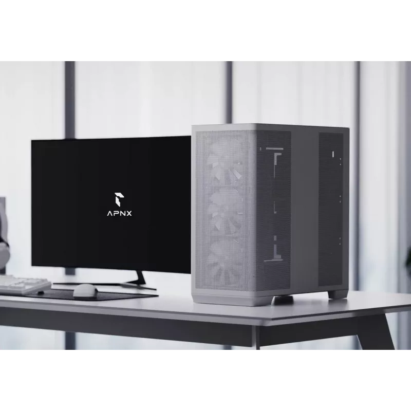APNX Caja de PC Semitorre C1-R-WT-v1 — Blanca, compatible con ATX/Micro-ATX/Mini-ITX, 3 ventiladores frontales de 120 mm preinstalados, 3 bahías de 3,5 pulgadas + 3 de 2,5 pulgadas, USB 3.2 Gen1 x2