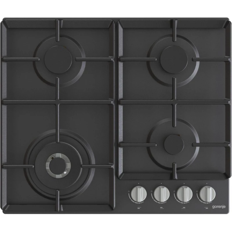 Placa de gas integrable Gorenje GW641EXB, 4 zonas de gas, negra, 60 cm, control por mando giratorio, rejillas de hierro fundido