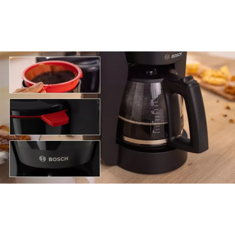 Cafetera de filtro Bosch TKA2M113, depósito de agua de 1,25 l, 15 tazas, negro