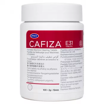 Pastilla limpiadora URNEX Cafiza E31 para cafeteras, dispensador en tubo, 100 pastillas, blanco