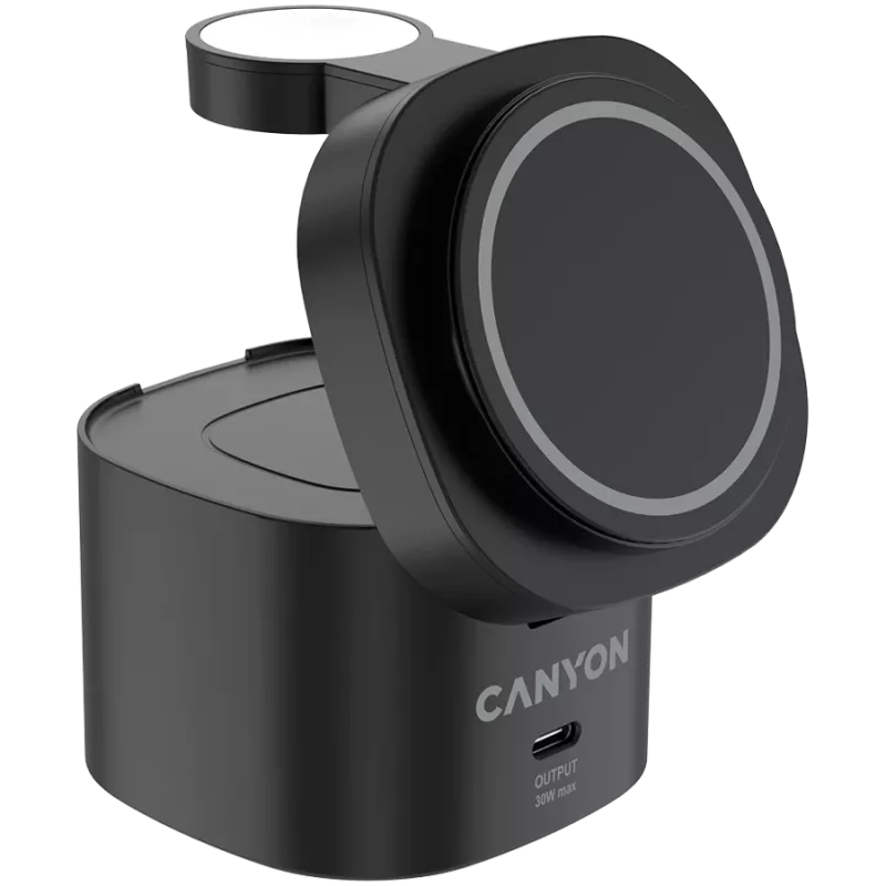 Estación de carga inalámbrica 4 en 1 Canyon, 30W máx, tamaño: 70x70x70,3 mm, peso: 414 g, con cargador de 65W y cable de 1 m, negra