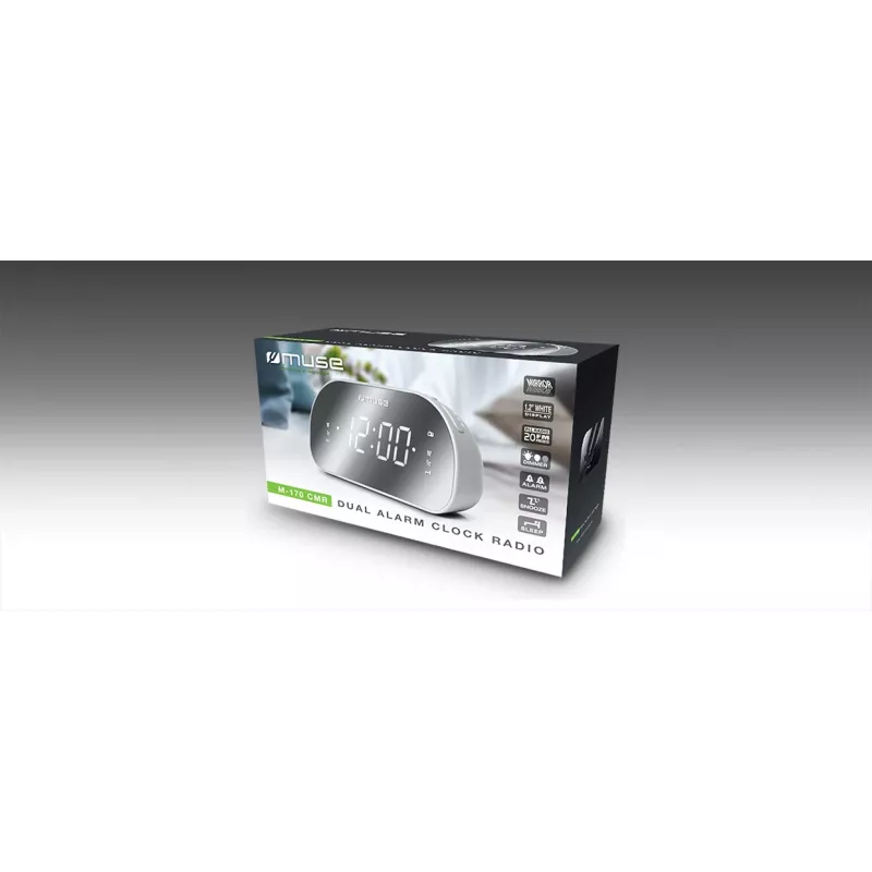 Radio reloj Muse M-170CMR — radio reloj digital, pantalla LED de 1,2 pulgadas, FM, AC 230V, respaldo AAA, espejo/blanco