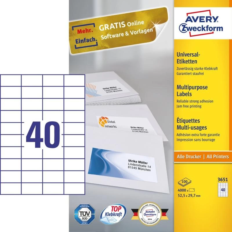 Avery Zweckform 3651 Etiquetas universales 52,5 x 29,7 mm 100 hojas Blanco