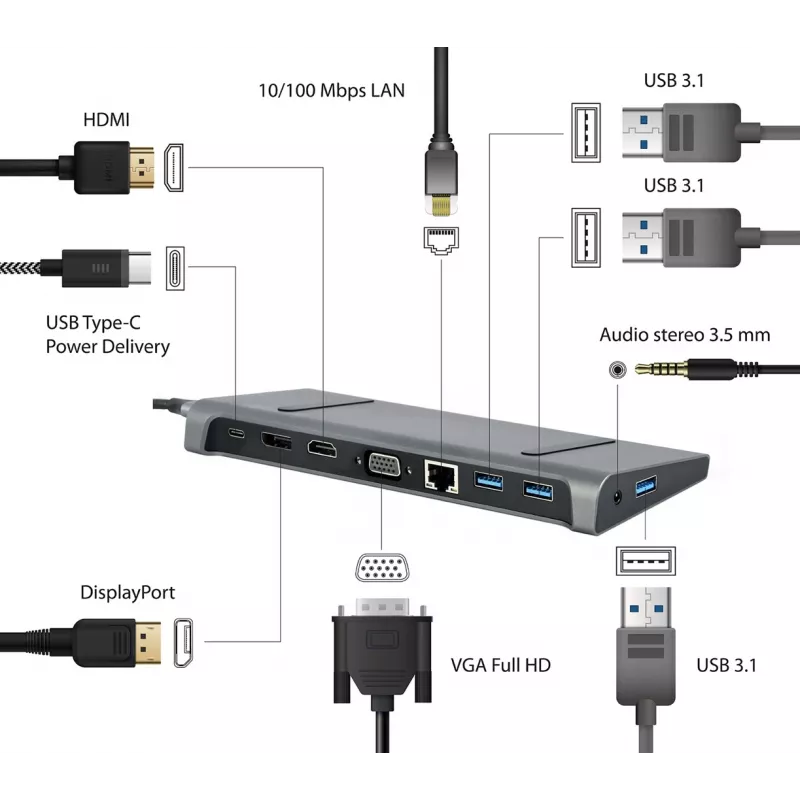 Dock para portátil Gembird A-CM-COMBO9-02 USB 3.2 Gen 1 Type-C, HDMI, VGA, 3×USB-A, Gigabit Ethernet, 87W PD, gris
