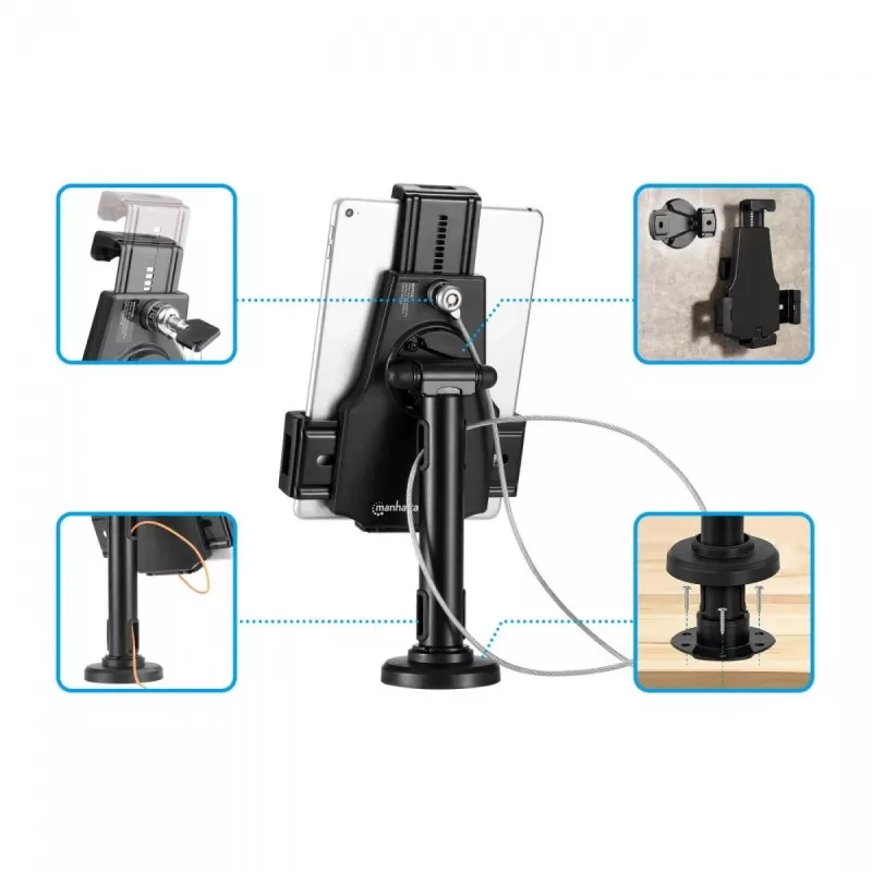 Soporte de mesa para iPad y tablet Manhattan, con cerradura, montaje en pared, protección antirrobo segura, tablets de 7,9 pulgadas a 10,5 pulgadas, giro 360°, inclinación +/- 70°, rotación 330°, negro, garantía de por vida