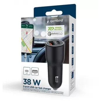 Cargador de coche para dispositivos móviles Gembird TA-UC-AC2PDQC38-CAR-01, USB-C, 38 W, 12-24 V, negro