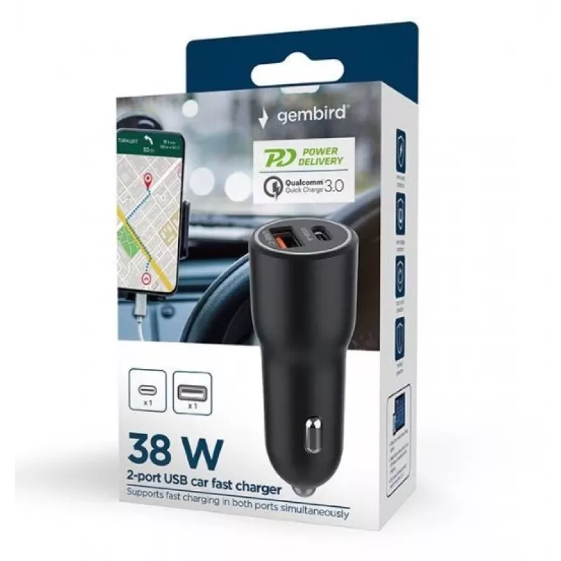 Cargador de coche para dispositivos móviles Gembird TA-UC-AC2PDQC38-CAR-01, USB-C, 38 W, 12-24 V, negro
