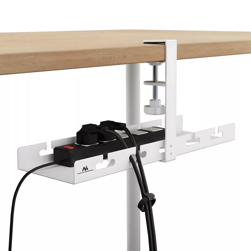 Organizador de cables bajo escritorio MACLEAN MC-105 W – Acero, blanco, carga máx. 5 kg, apto para grosor de mesa 0,5–50 mm