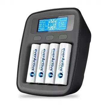 Cargador de baterías everActive NC1000MV2 – cargador Ni-MH 4 bahías USB-C, 4 celdas, 5V, negro, 110×99×38 mm
