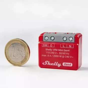 Interruptor inteligente Shelly 1PM Mini Gen4, inalámbrico 110–240 V AC, máx. 8 A / 2000 W, carcasa de plástico 34×16×29 mm