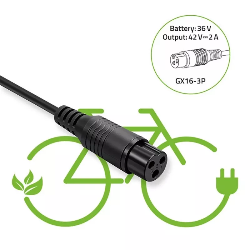 Cargador de batería QOLTEC cargador para e-bike 36V 42V 2A 3P GX16
