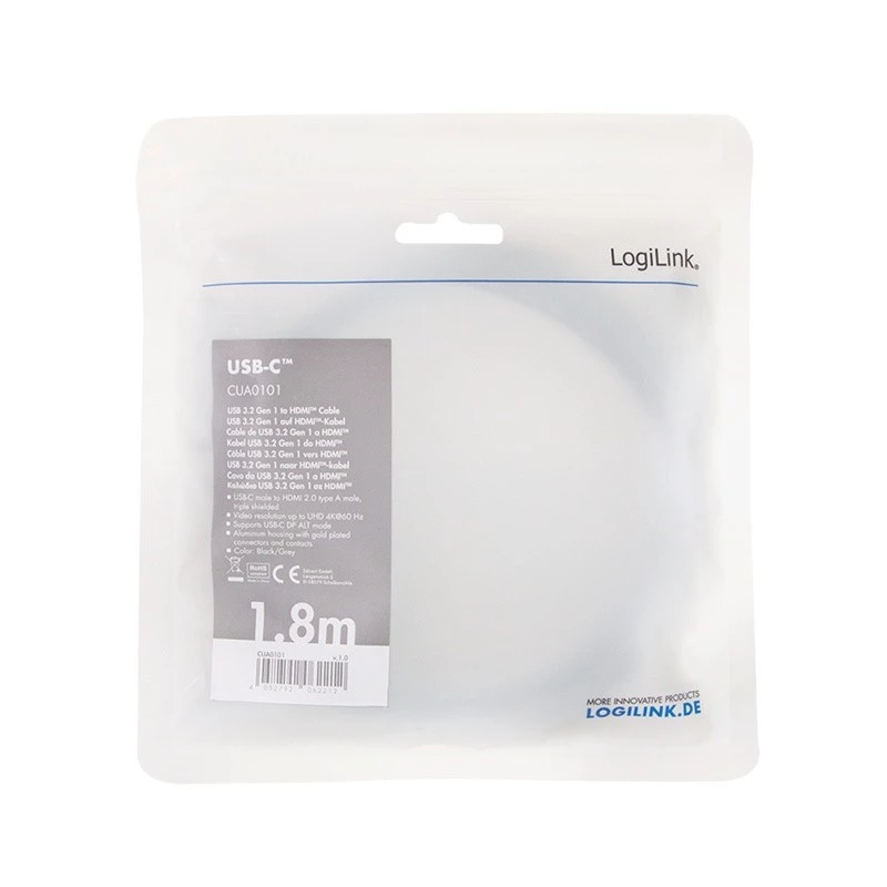 LogiLink CUA0101 Cable USB 3.2 Gen1 Type-C a HDMI-A 1,8 m Negro Gris
