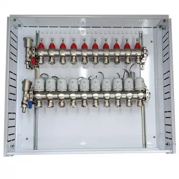 Colector de suelo radiante, 10 circuitos, con actuadores termostáticos NC AC230V y caudalímetros