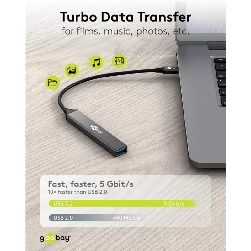 Hub USB Goobay Slim de 4 puertos, USB-C™ a USB-A, USB 3.2 (74457)