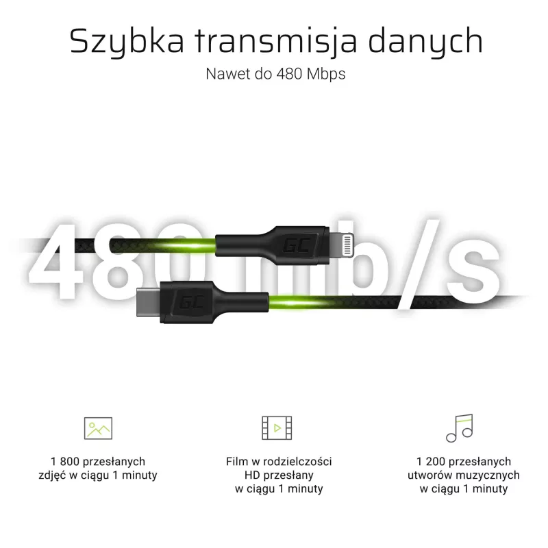 Green Cell PowerStream KABGC07 cable USB-C a Lightning, 1 m, PD, Apple MFi, negro