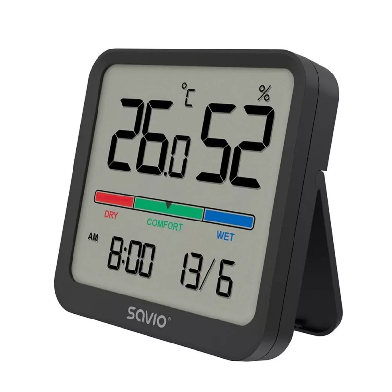 Savio CT-01/B sensor inalámbrico de temperatura y humedad para interior, LCD, reloj, fecha, soporte magnético, negro