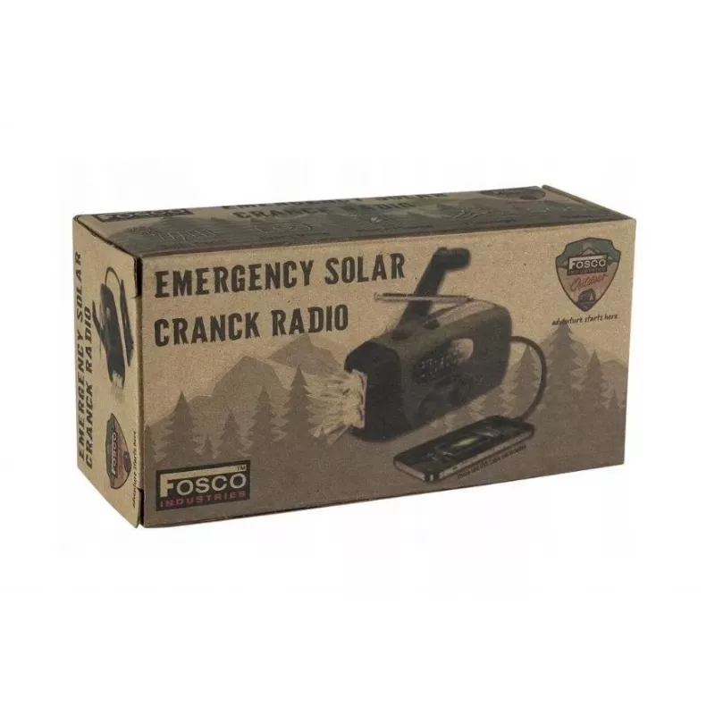 Radio de emergencia FOSCO 464600 con linterna LED, powerbank, FM, IPX3, carga solar/manivela/USB-C — verde/negro