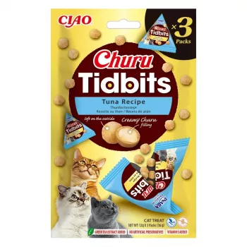 Snack de comida húmeda para gatos INABA Cat Churu Tidbits receta de atún — 3 sobres x 12 g