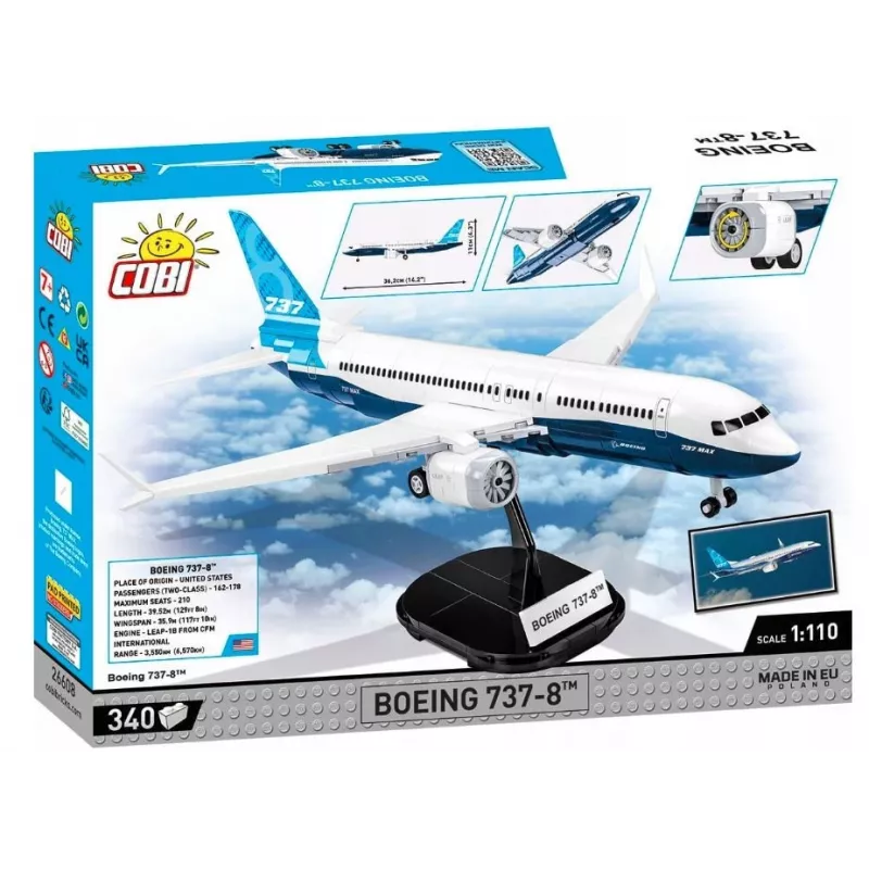 Set de construcción Cobi Boeing 737-8 — 340 piezas, edad recomendada 7+, azul y blanco
