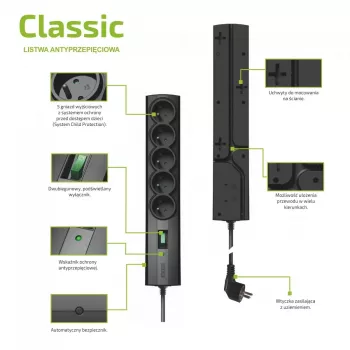 Regleta de protección contra sobretensiones EVER CLASSIC, 5 tomas Type-E, 250 V, cable de 1,5 m, 175 J, con interruptor