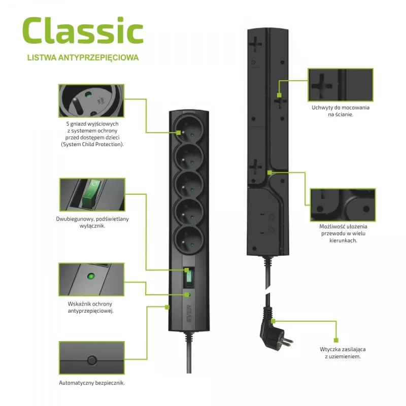 EVER CLASSIC T/LZ09-CLA015/0000 regleta con protección contra sobretensiones, 5 tomas tipo E, 250 V, cable de 1,5 m, con interruptor, protección infantil, negra