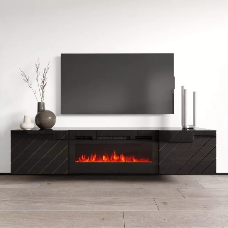 Mueble TV cama meble LUXE 301126 con chimenea eléctrica integrada, 182,6×34,5×37,5 cm, negro brillante