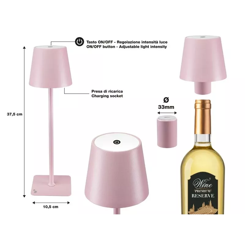 Beper P201UTP125 lámpara de mesa LED recargable, táctil, regulable, IPX4, rosa