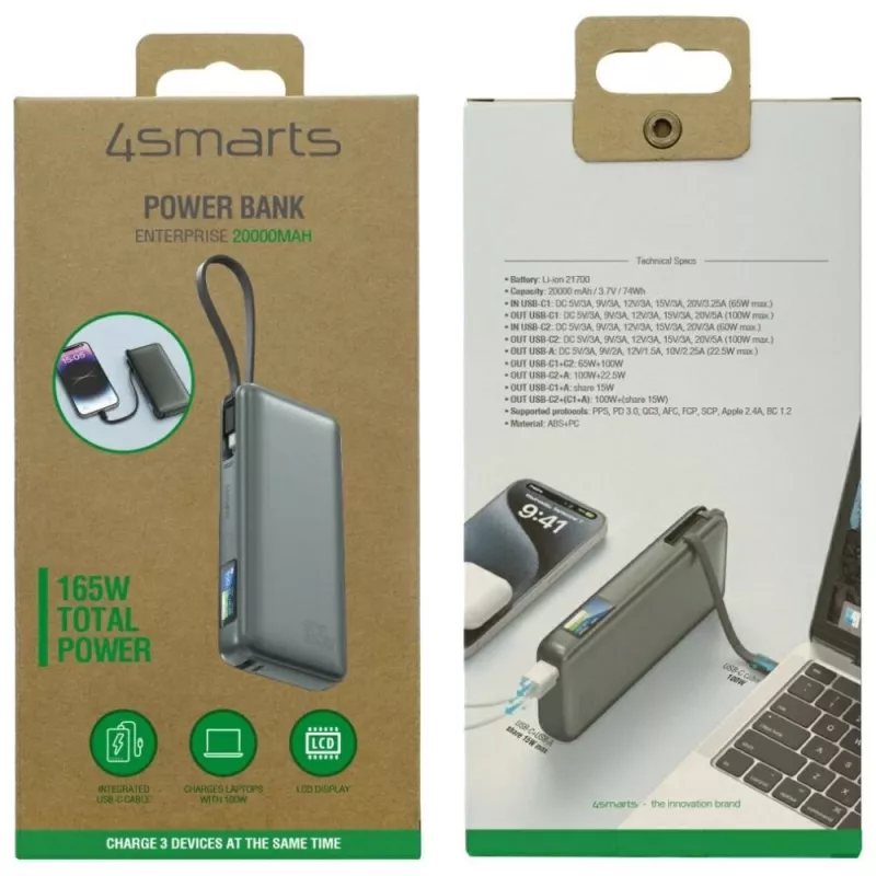 Powerbank 4smarts 541603 — Li-Ion 20000 mAh, USB-C + USB-A, 165W de potencia total, 5A, gris